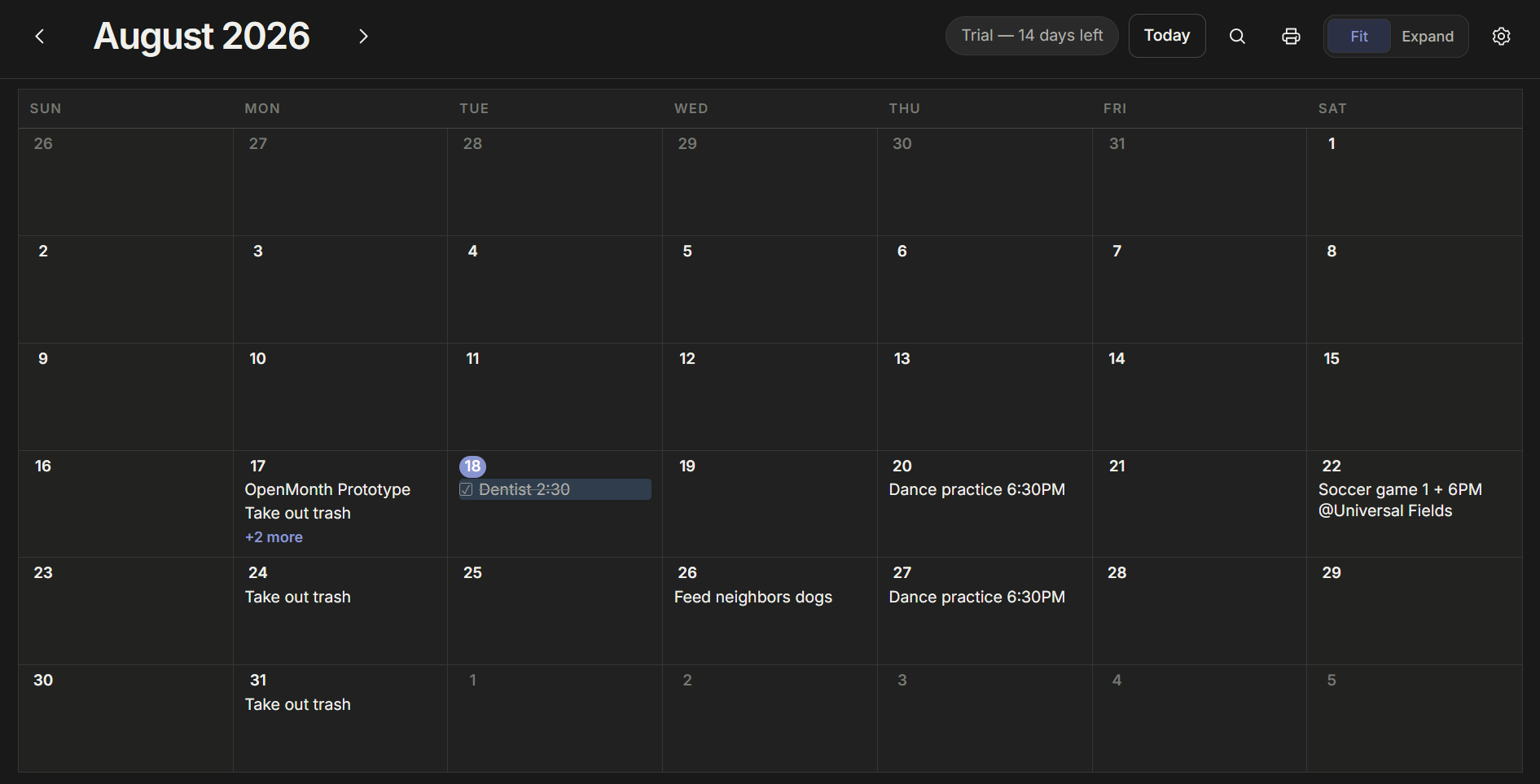 OpenMonth showing a dark August 2026 calendar with written plans and tasks